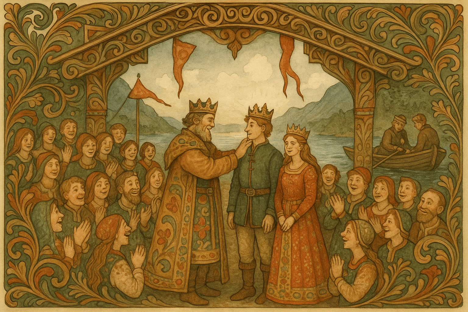 Ved kongsgården vies Askeladden og prinsessen, mens brødrene blir rodd bort mot fanteholmen i en liten båt.